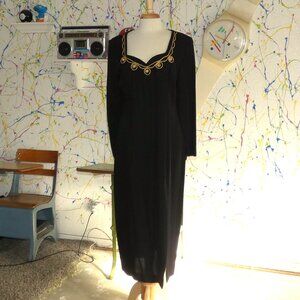 Virgo II Vintage Long Sleeve Maxi Dress Black with Gold Rope Pearl Embellishment